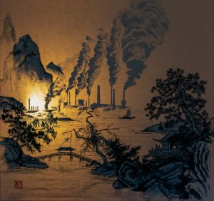 Chinese calligraphy style painting with factories polluting the air, acrylic on canvas, Thomas Powell artist 2021
