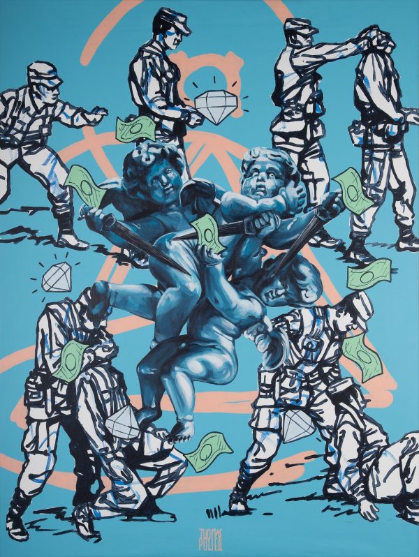 Acrylic painting on canvas of cherubs fighting and military training background, Thomas Powell artist 2021