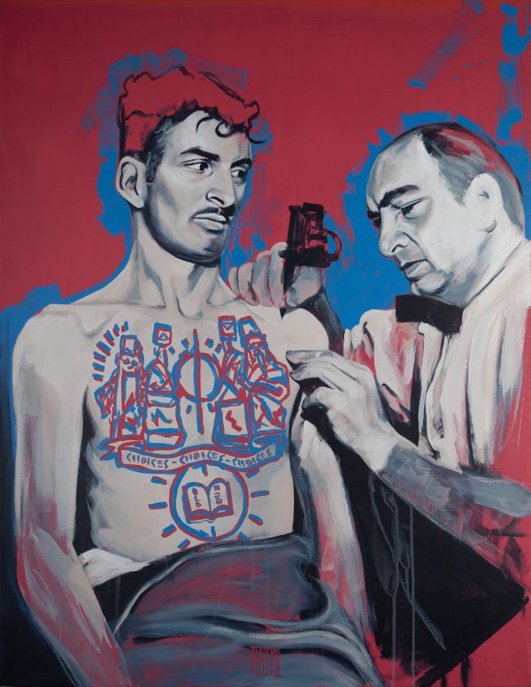 acrylic painting on canvas, a man getting tattooed, Thomas Powell artist 2020