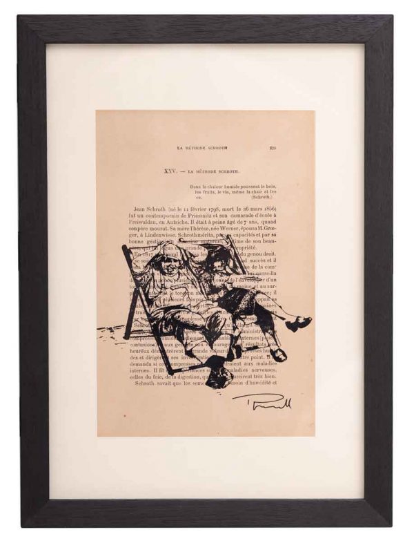 Old Couple San Tanning on Beach, Holiday Super Fun Time, Acrylic Screen Print on Paper, by Thomas Powell Artist